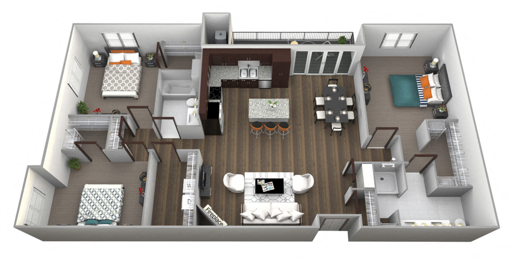 Floor plan for 3 beds, 2 baths, 1558 sqft